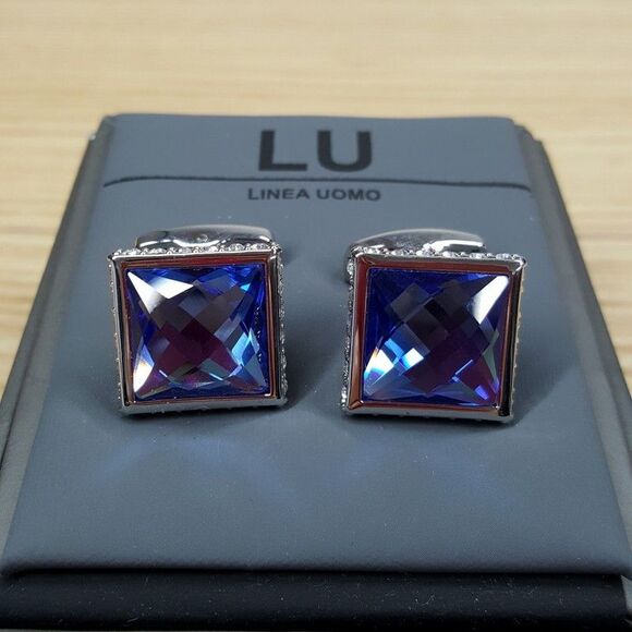 LINEA UOMO Mens Silver Blue Square Crystal Cufflinks Rhinestone Trim Cuff Links - Picture 2 of 5